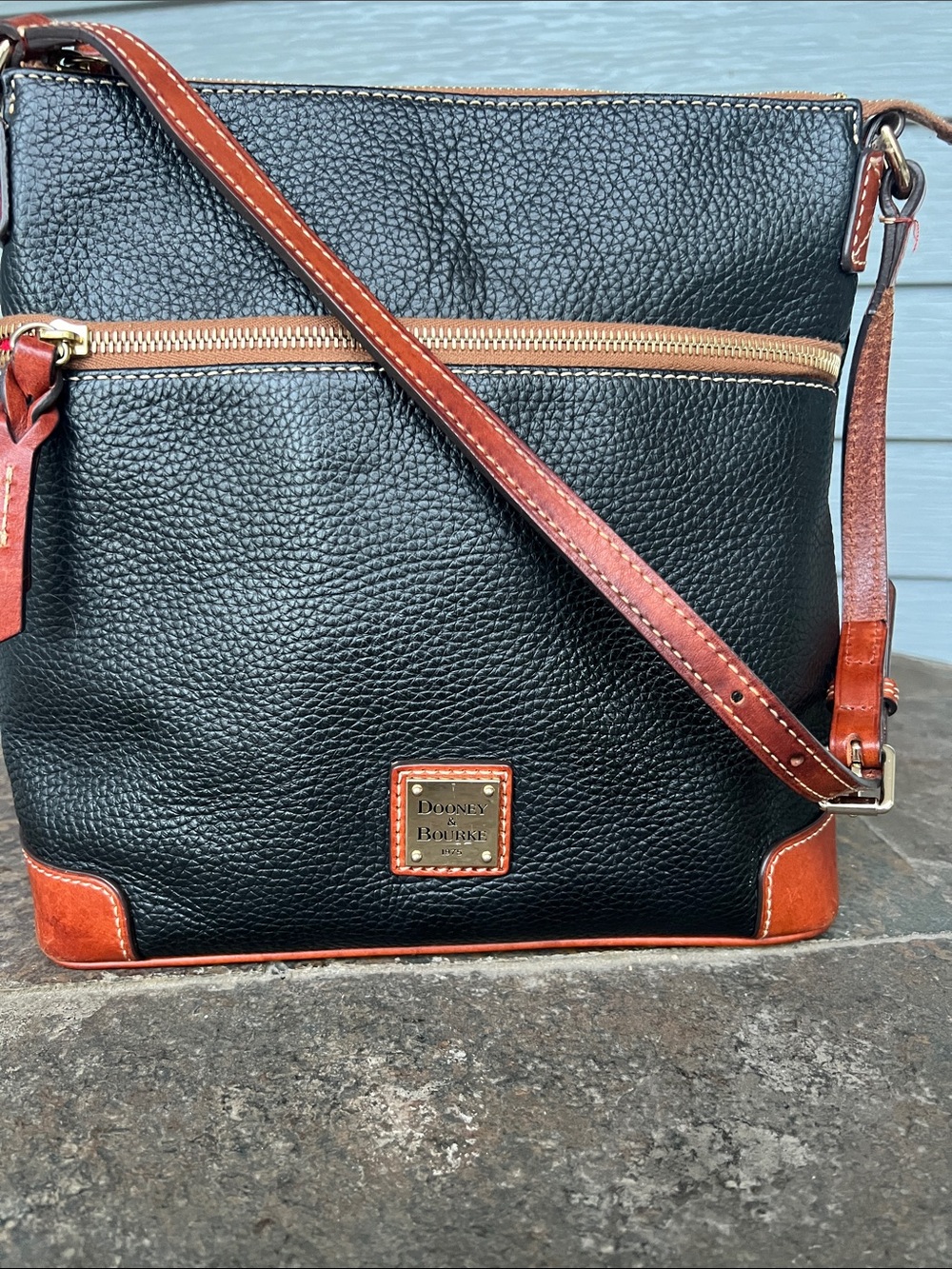 Dooney & Bourke Black Pebbled Leather Messenger with Brown Trim